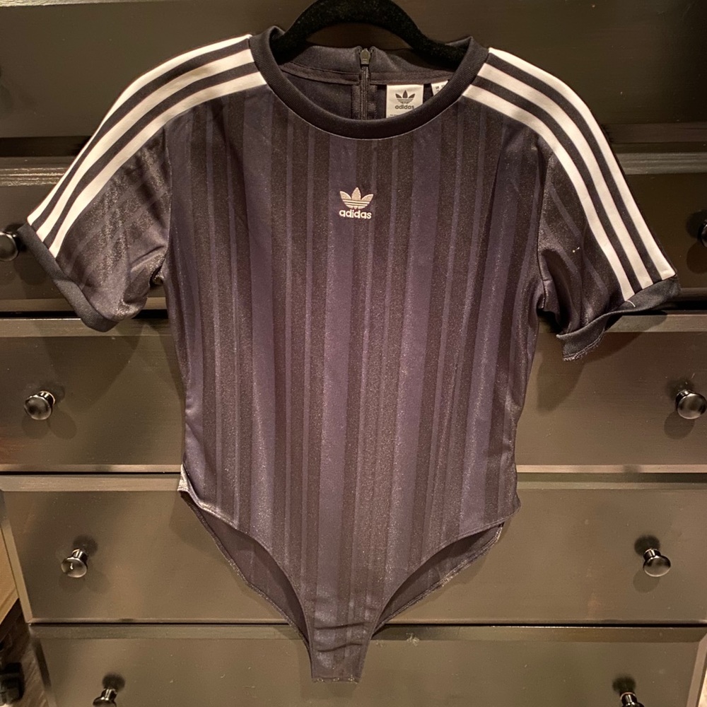 Adidas black striped body suit